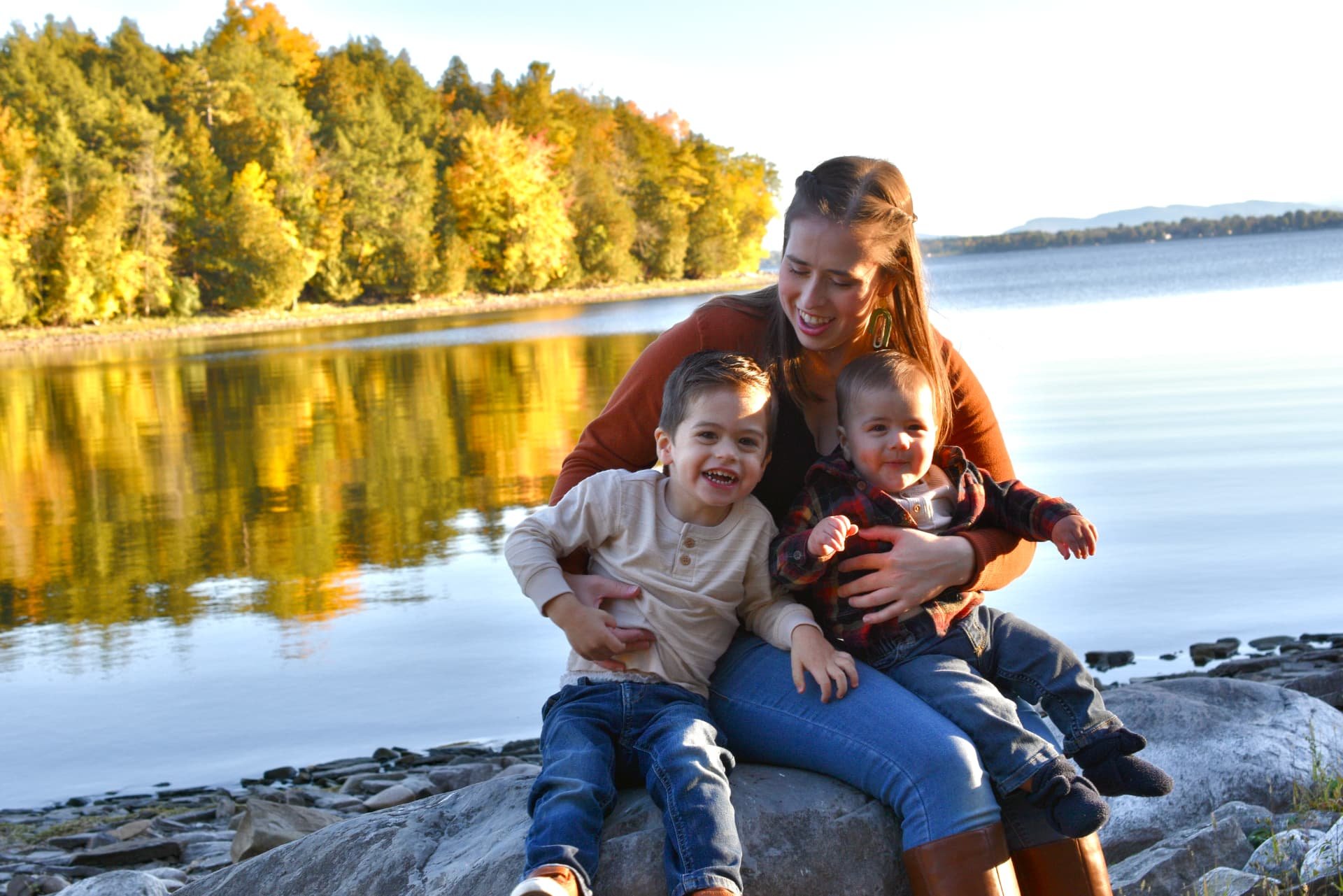 Alison with her two boys by the lake